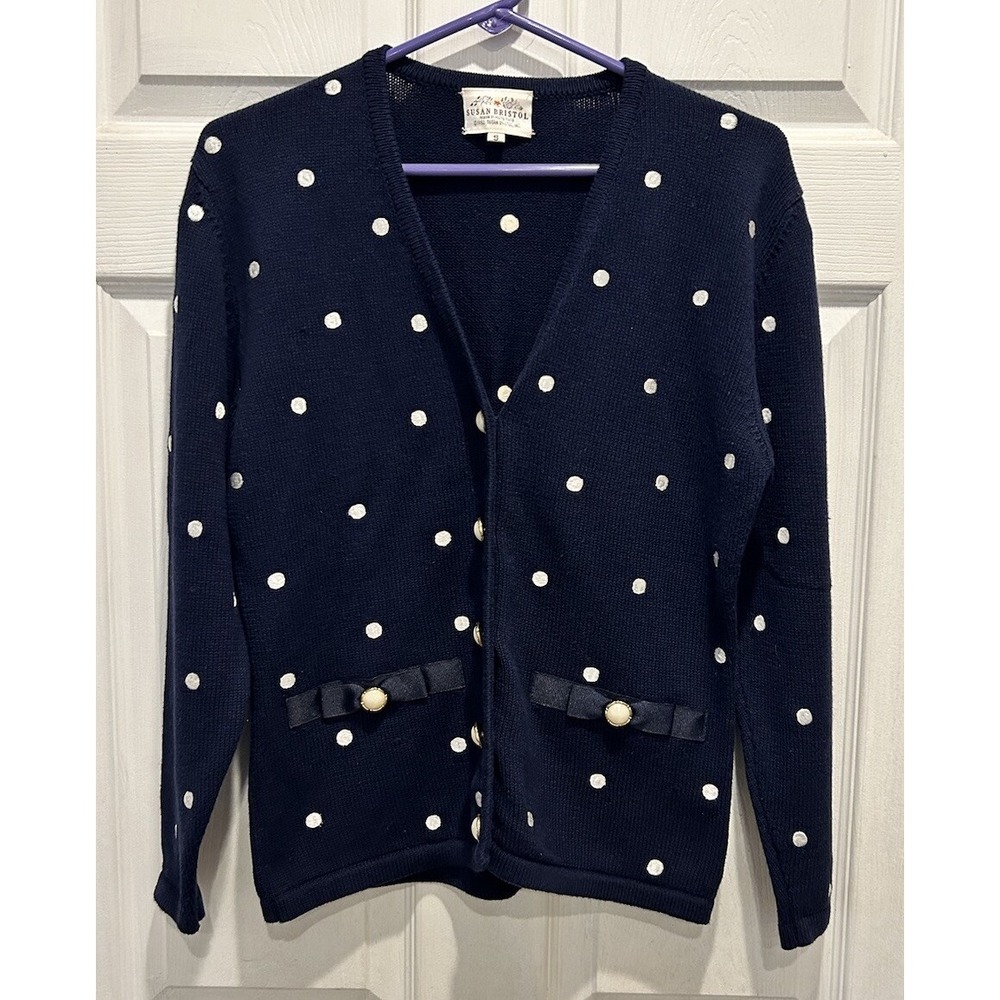 Susan Bristol Vintage 1992 Navy Polka Dot Cotton Cardigan Sweater Bows S Coastal